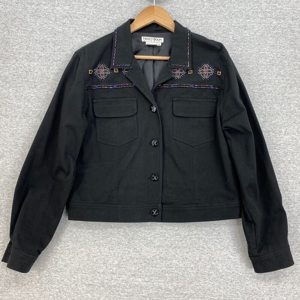 Nancy Bolen City Girl Jacket Womens 6 Black Button Up Embellished Beaded Lined